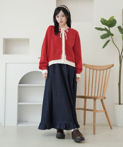 【and ST 限定カラーあり】レイヤード風 配色リボンカーディガン