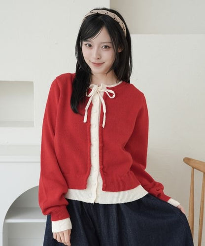 【and ST 限定カラーあり】レイヤード風 配色リボンカーディガン