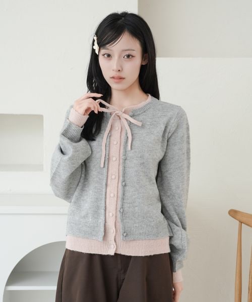 【and ST 限定カラーあり】レイヤード風 配色リボンカーディガン