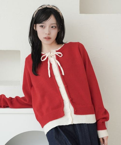 【and ST 限定カラーあり】レイヤード風 配色リボンカーディガン