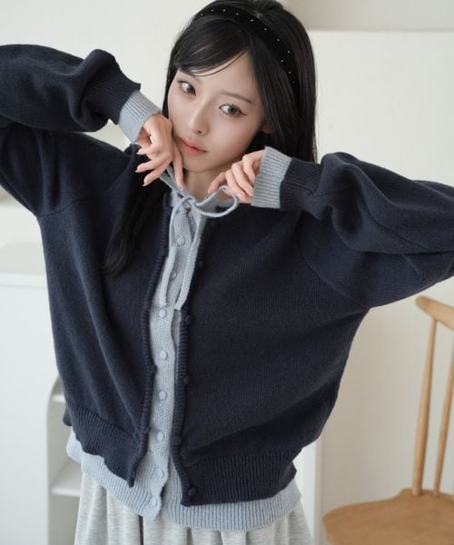 【and ST 限定カラーあり】レイヤード風 配色リボンカーディガン