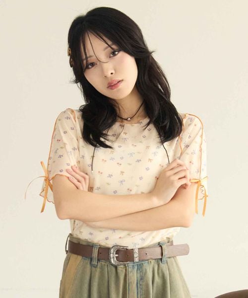 半袖アソート袖リボンシアーメロートップス